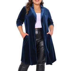 Plus Size Velvet Blazer Jackets Open Front Lightweight Cardigans Dark Blue
